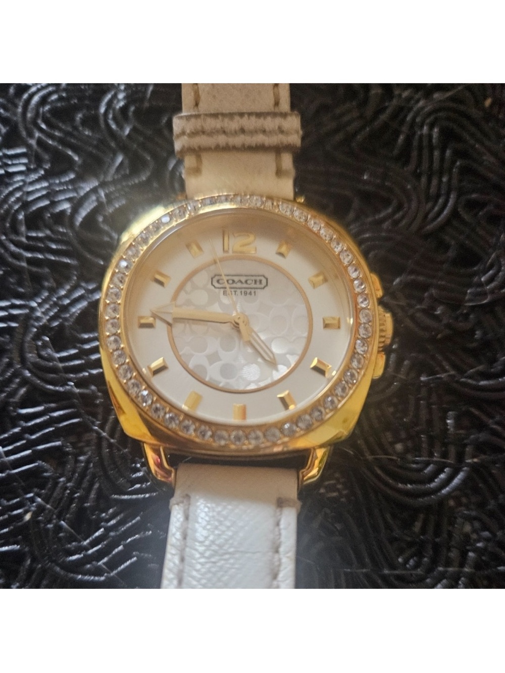 Coach Gold-Tone Crystal Bezel Watch with White Strap